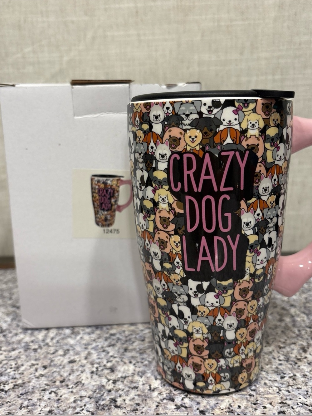 Spoontiques Ceramic Travel Mug Coffee Cup, 18 Oz, Crazy Dog Lady